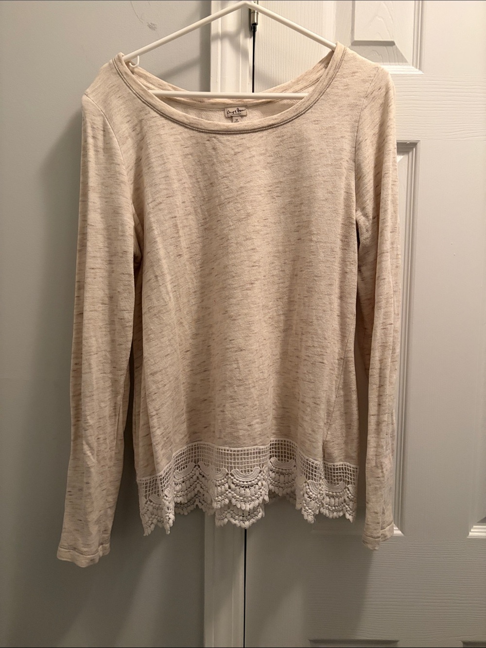 Light Cream Lace-Hem Long Sleeve Top